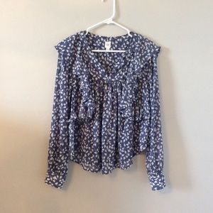 Stunning Blue Print Ruffle Blouse